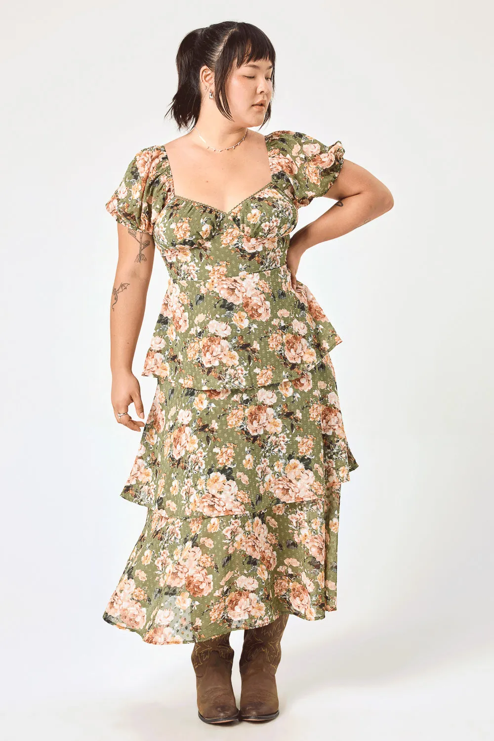 Olive Floral 3 Tier Ruffle Midi Dress