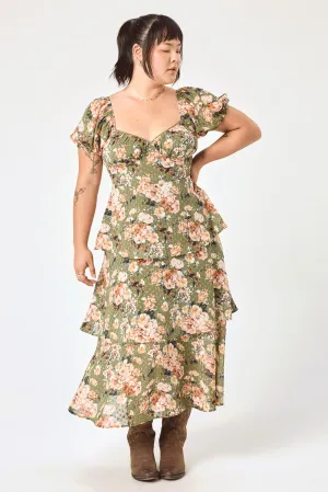 Olive Floral 3 Tier Ruffle Midi Dress
