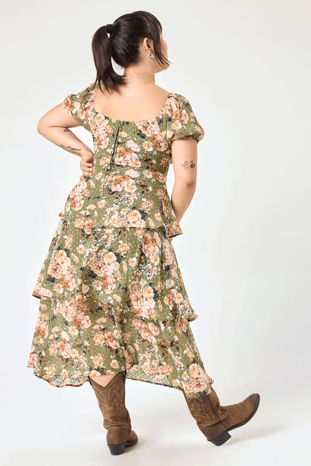 Olive Floral 3 Tier Ruffle Midi Dress