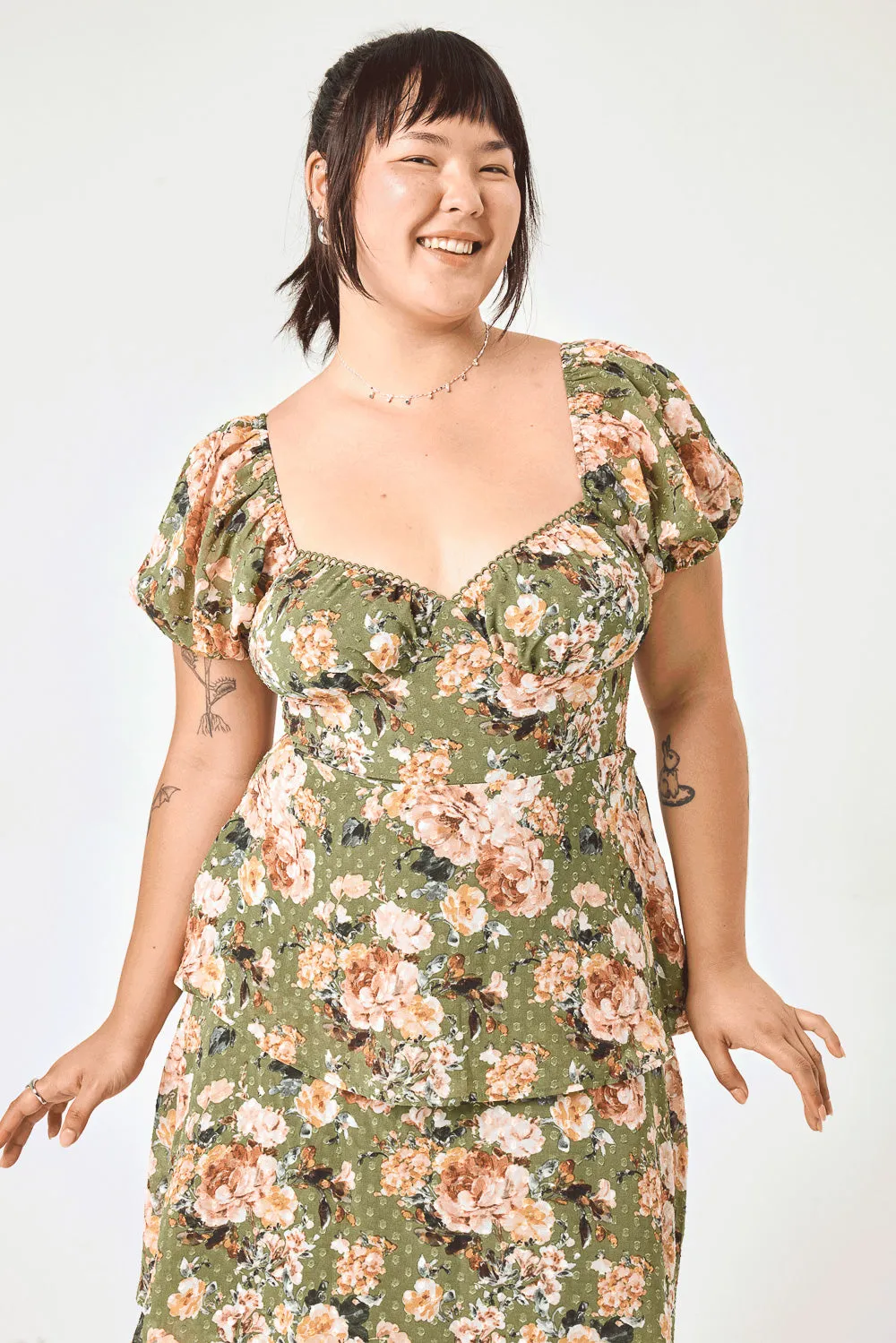 Olive Floral 3 Tier Ruffle Midi Dress