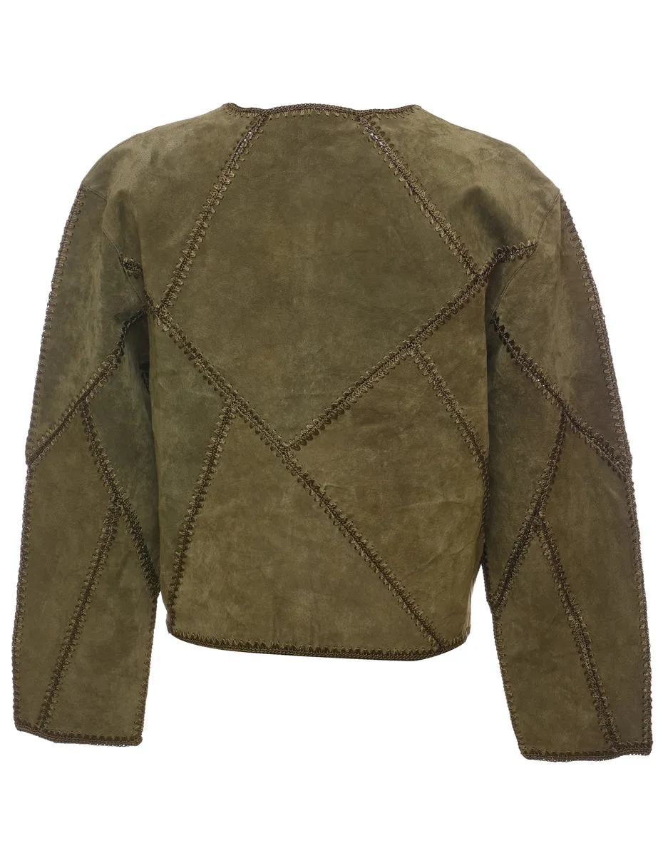 Olive Green Crochet & Suede Cropped Jacket - L