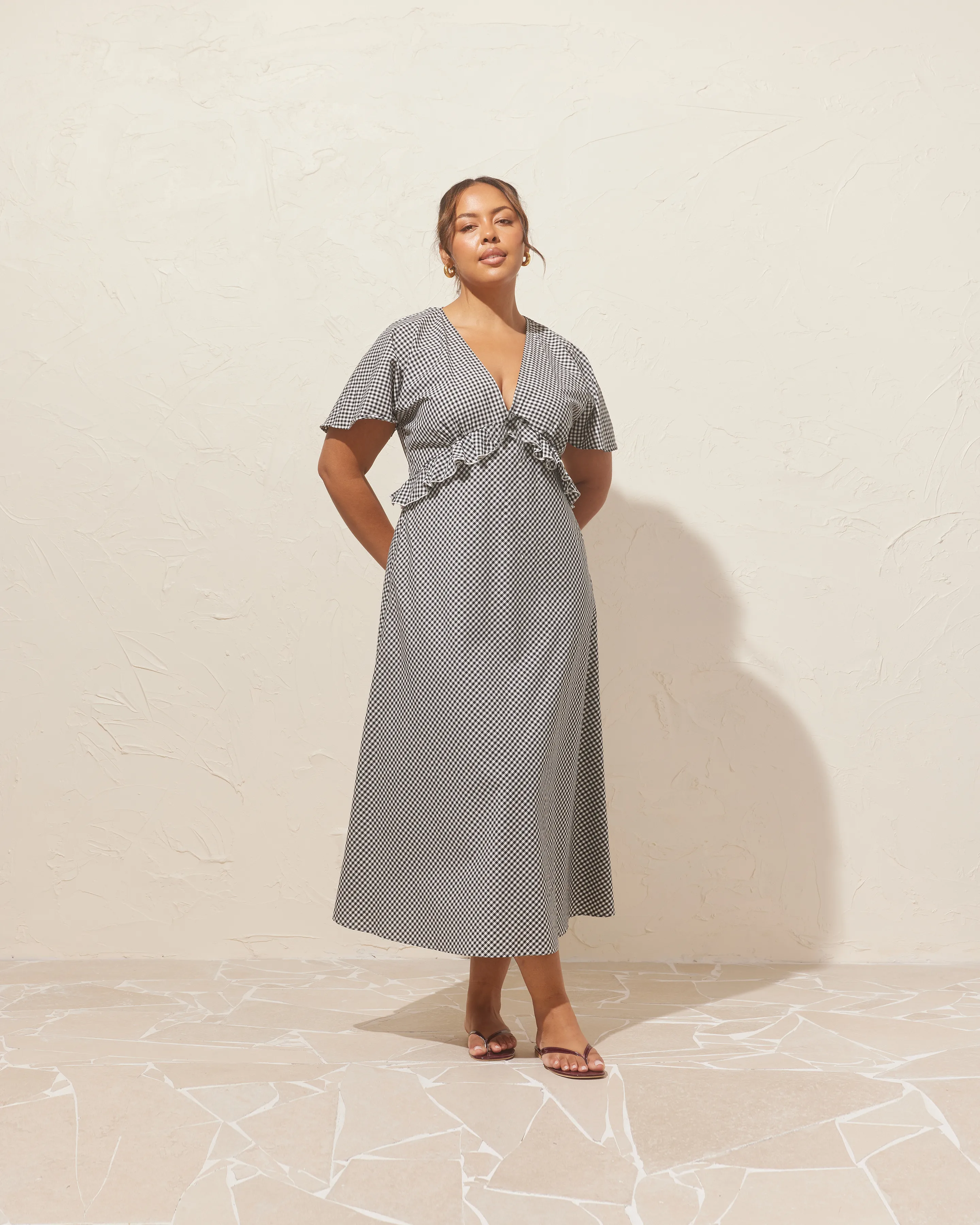 PETAL RUFFLE MIDI DRESS BLACK GINGHAM