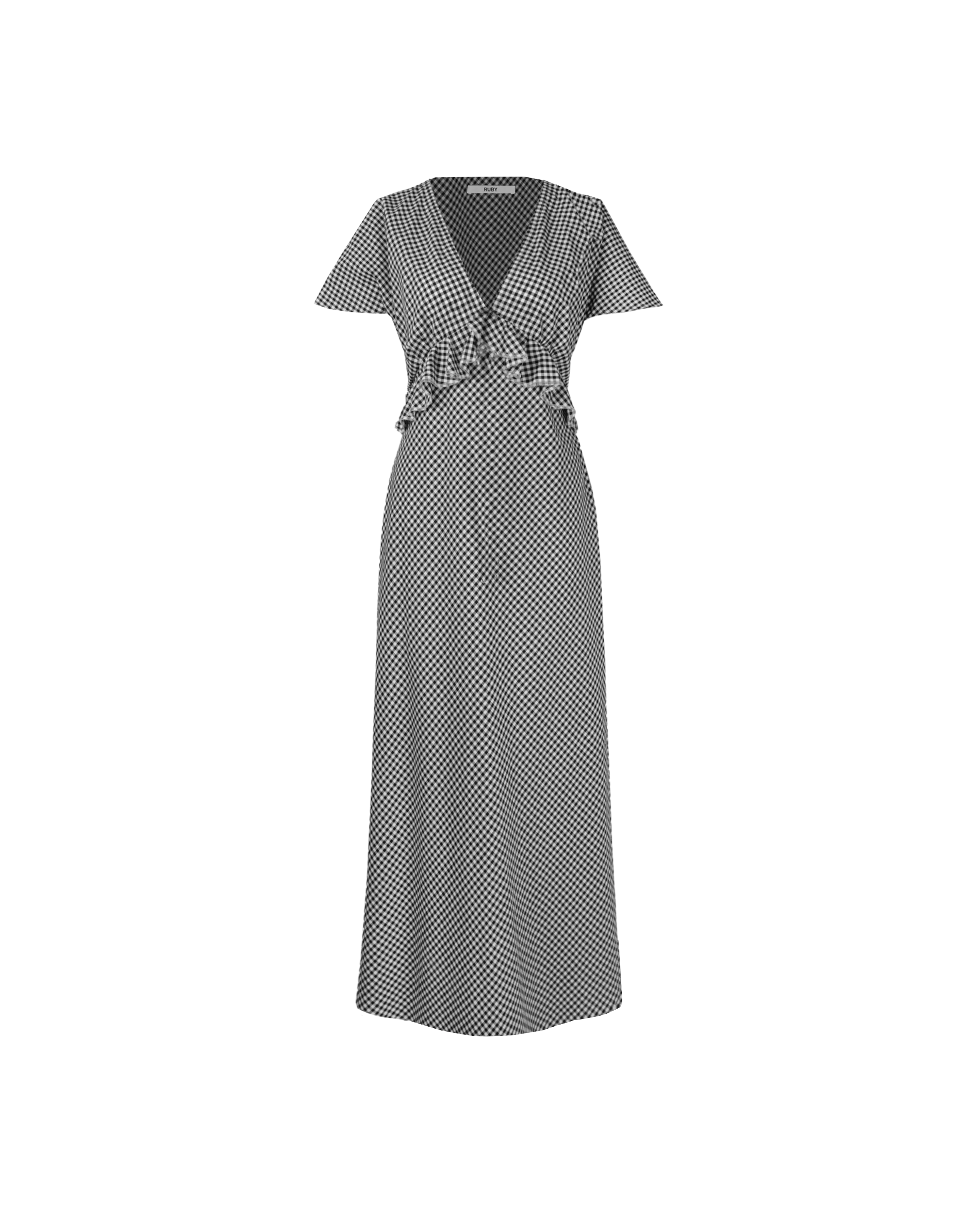 PETAL RUFFLE MIDI DRESS BLACK GINGHAM