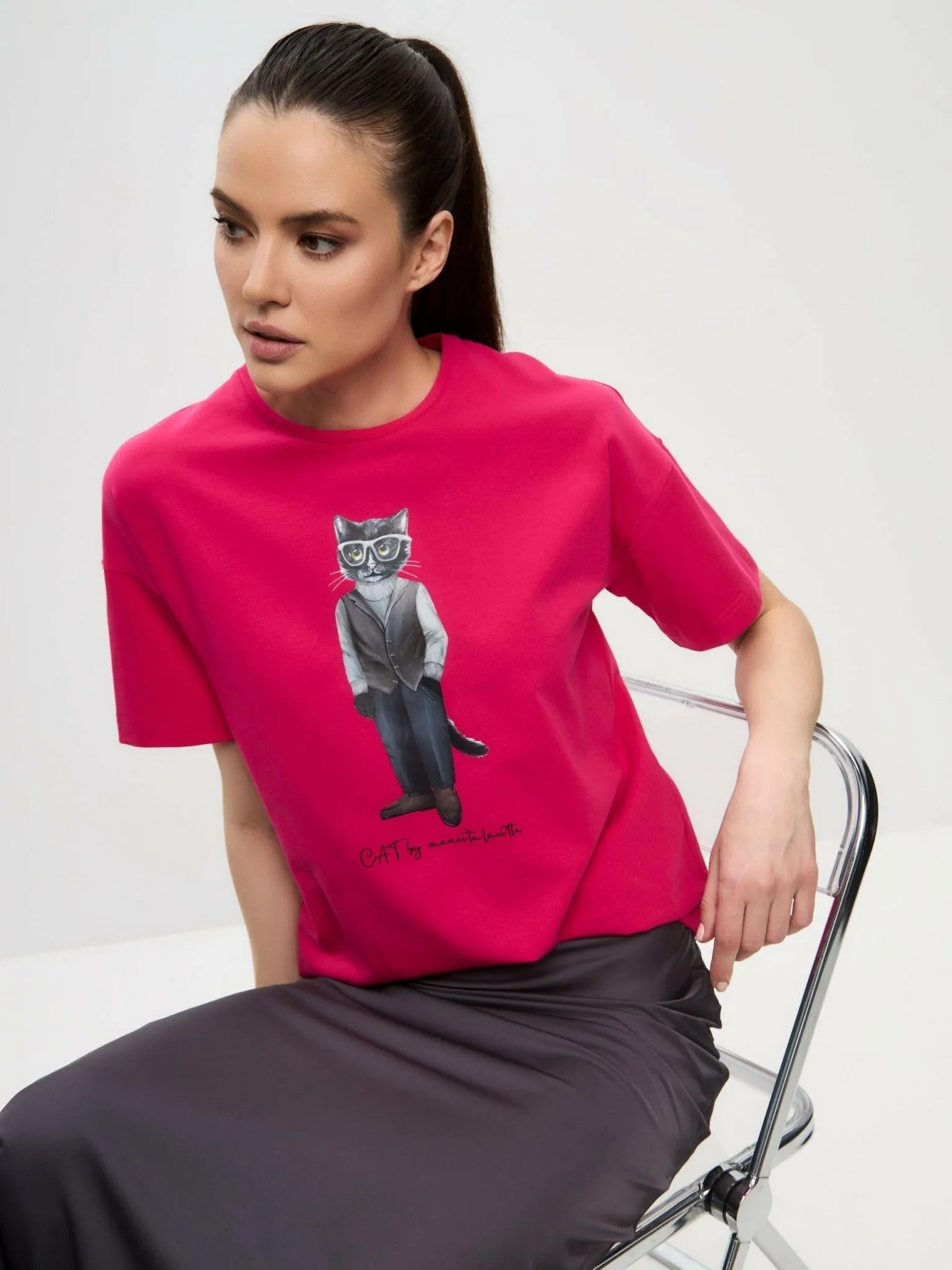 Pink Printed oversized T-shirt MINIMALIST CAT