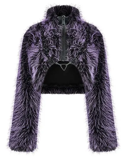 Purple Faux Vegan Wool Coat w/ Large Zipper and Chain Detail
