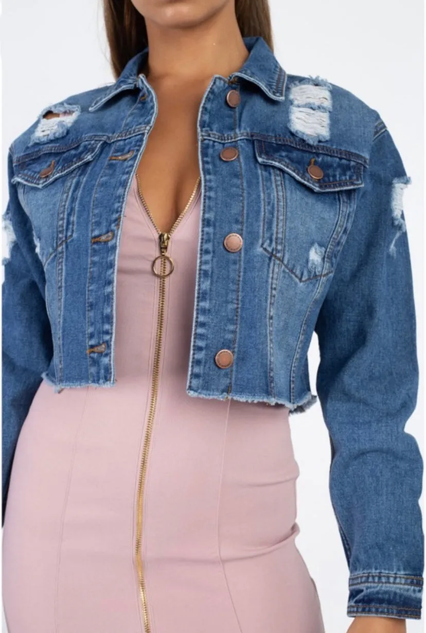 Sassy Distressed Cropped Denim Jacket