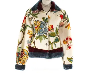 Size 14 Hippie Bomber Jacket with Chenille Trim - Large Crewel 90s Work Jacket by Phool - Maroon Pink Green Blue - 1990s Boho - Bust 42