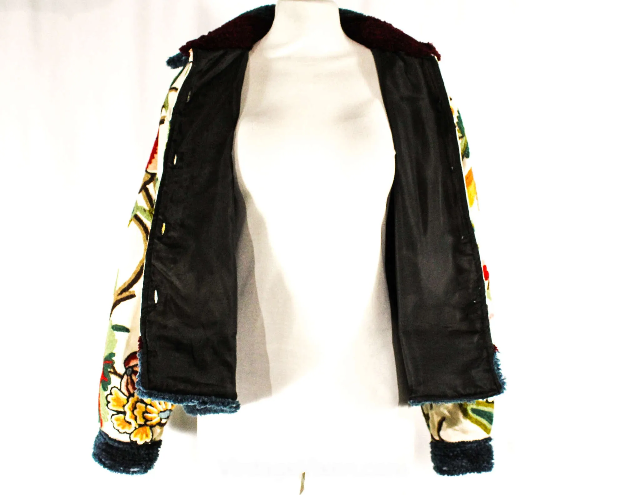 Size 14 Hippie Bomber Jacket with Chenille Trim - Large Crewel 90s Work Jacket by Phool - Maroon Pink Green Blue - 1990s Boho - Bust 42