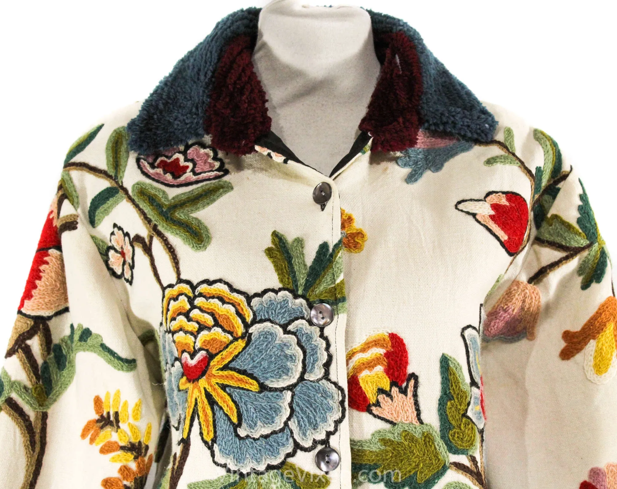 Size 14 Hippie Bomber Jacket with Chenille Trim - Large Crewel 90s Work Jacket by Phool - Maroon Pink Green Blue - 1990s Boho - Bust 42