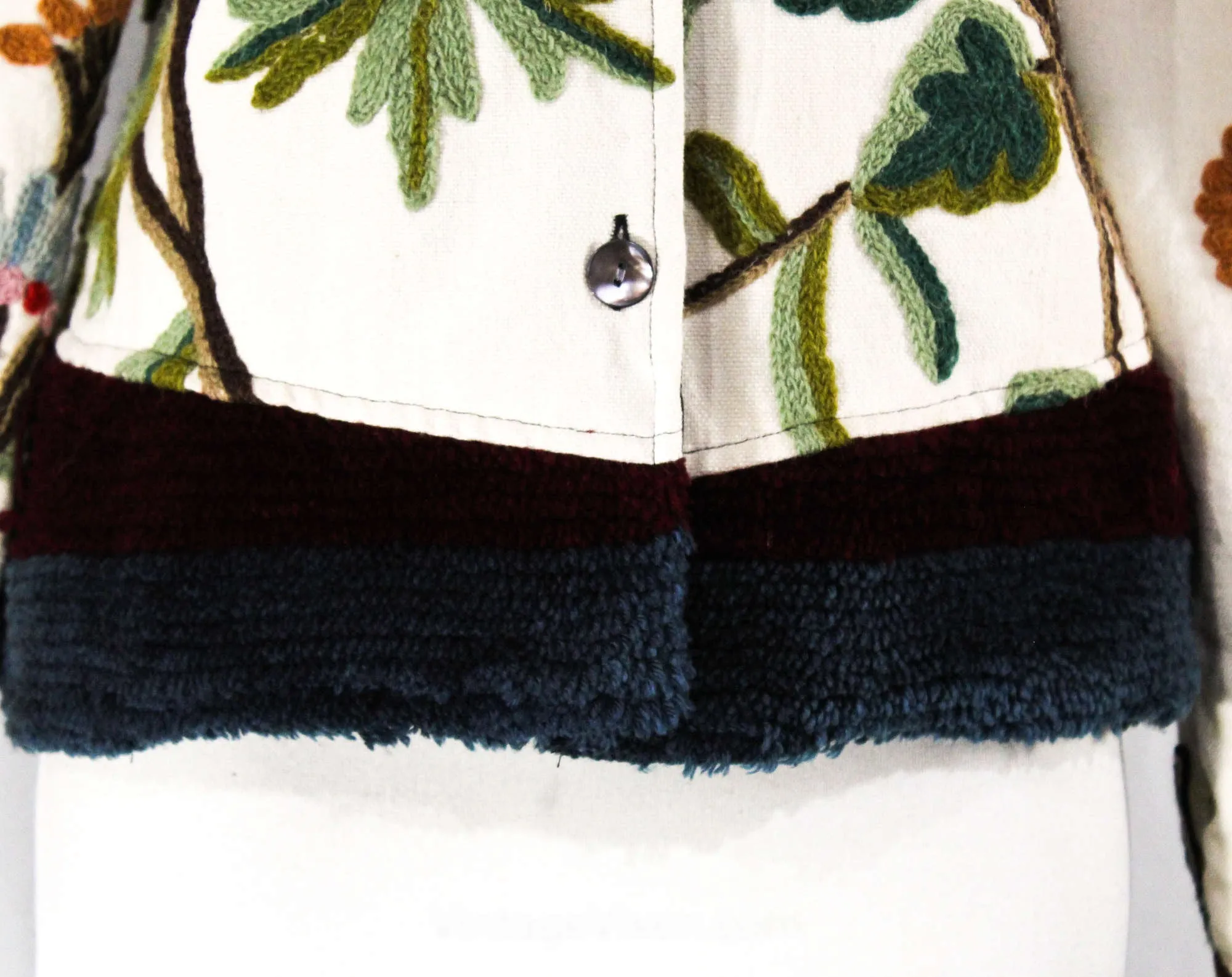 Size 14 Hippie Bomber Jacket with Chenille Trim - Large Crewel 90s Work Jacket by Phool - Maroon Pink Green Blue - 1990s Boho - Bust 42