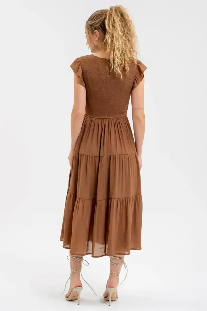 SMOCKED TIERED MIDI DRESS