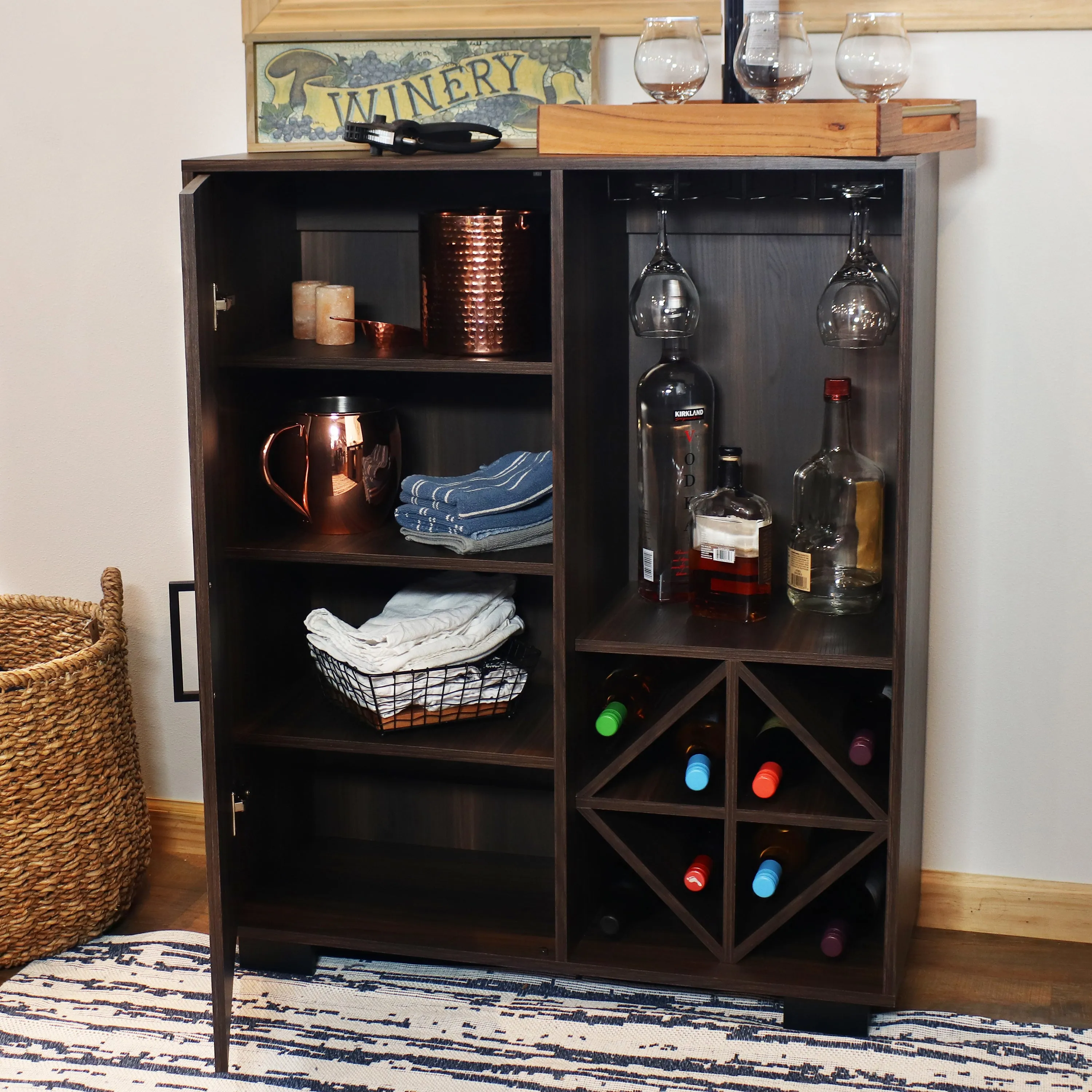 Sunnydaze Lavina Wine Bar Cabinet with Glass Rack and Bottle Storage Shelves
