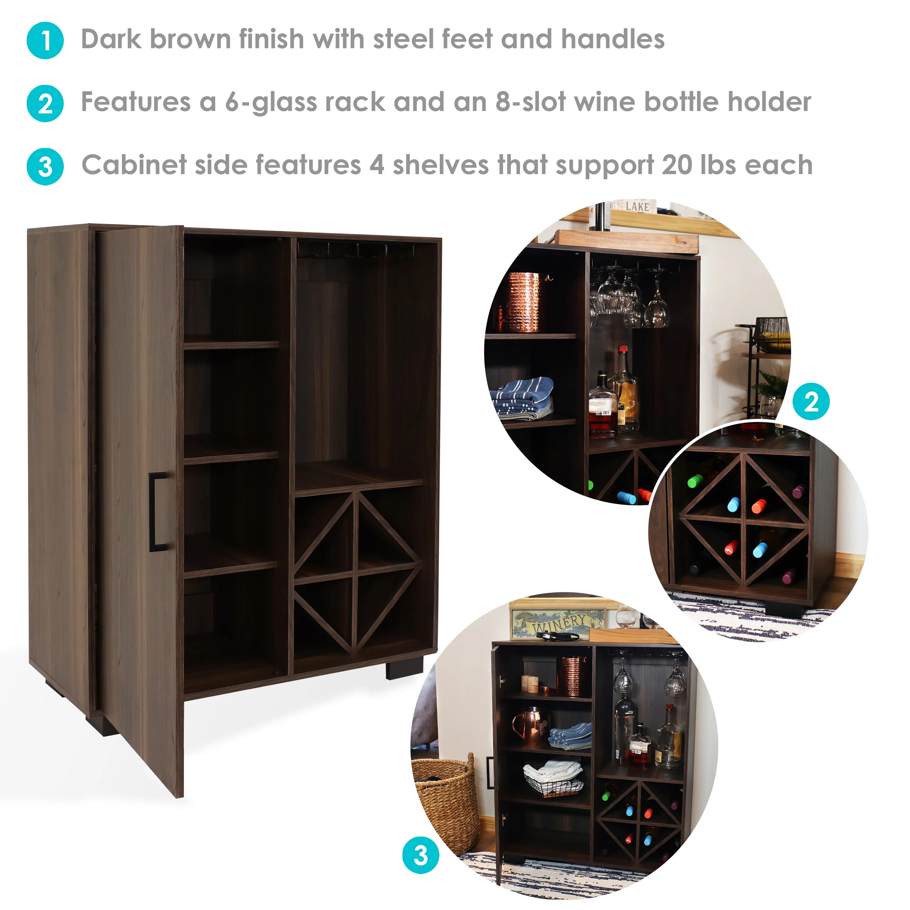 Sunnydaze Lavina Wine Bar Cabinet with Glass Rack and Bottle Storage Shelves