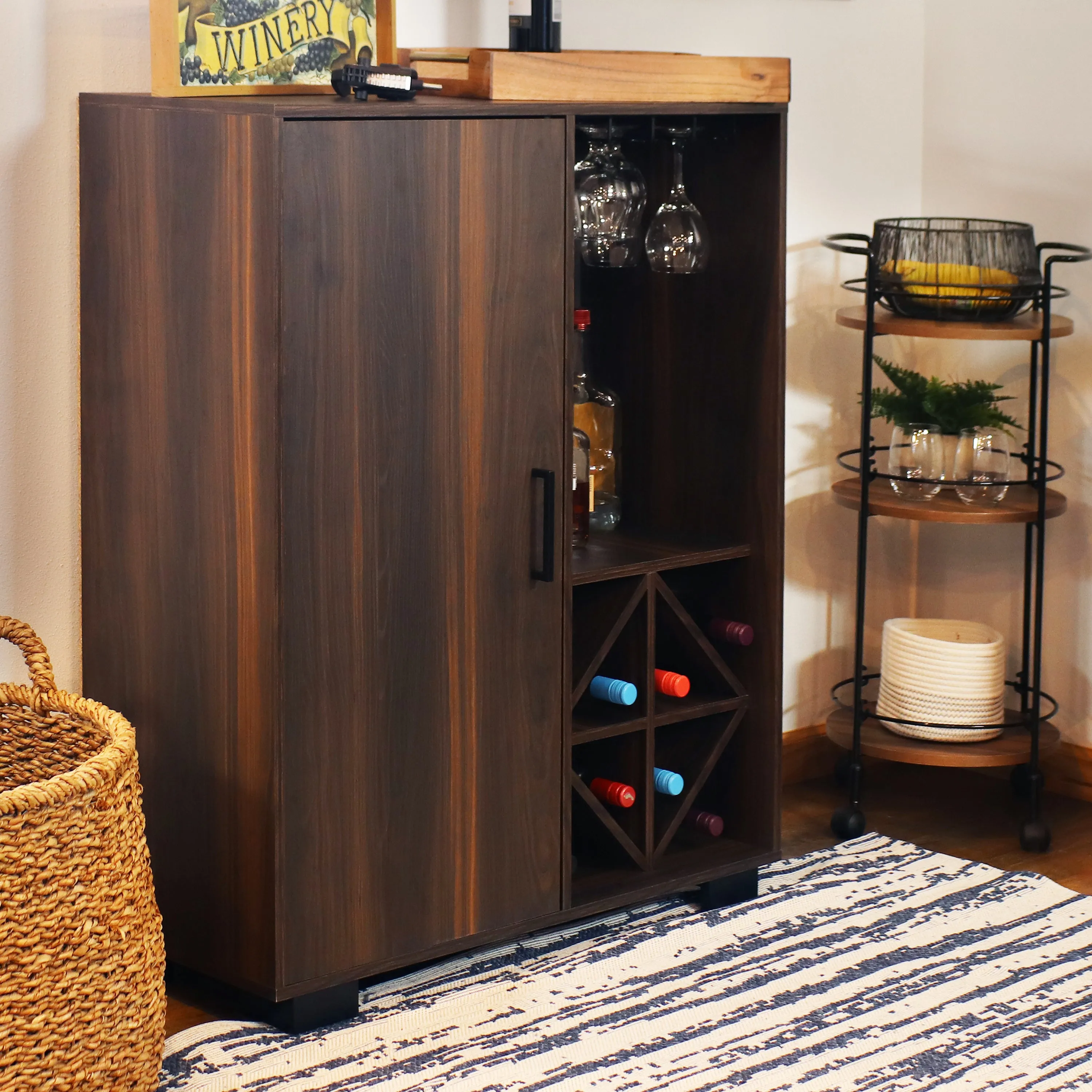 Sunnydaze Lavina Wine Bar Cabinet with Glass Rack and Bottle Storage Shelves