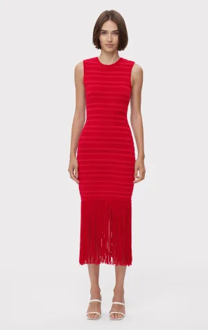 TEXTURED CHENILLE S/L FRINGE MIDI DRESS