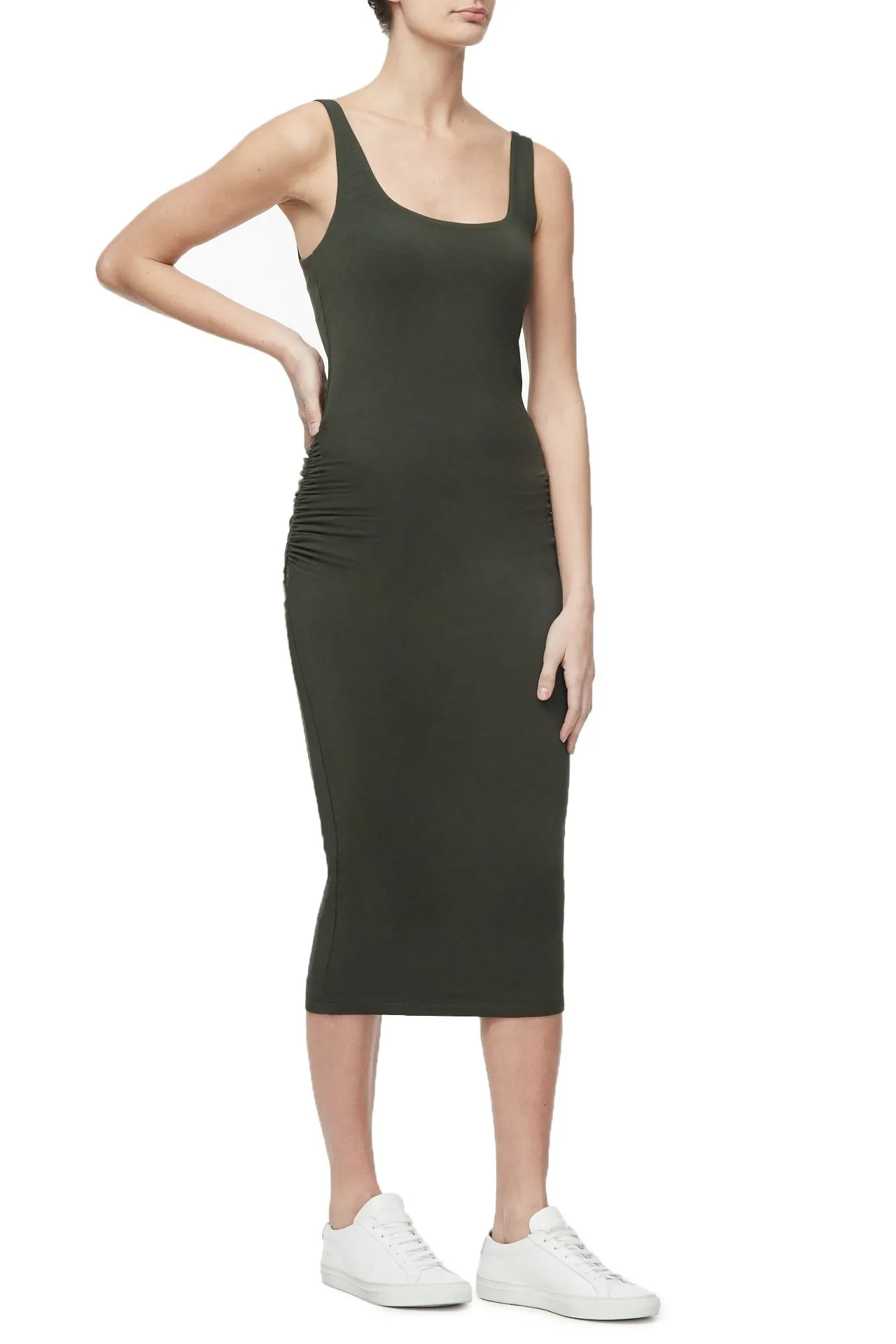 THE RUCHED MIDI DRESS | OLIVE002