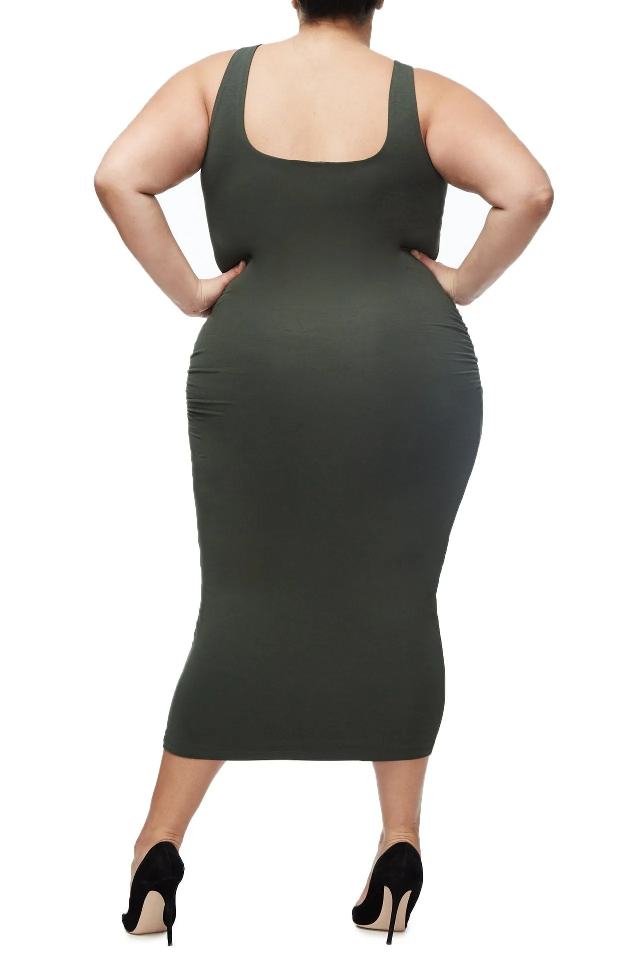 THE RUCHED MIDI DRESS | OLIVE002