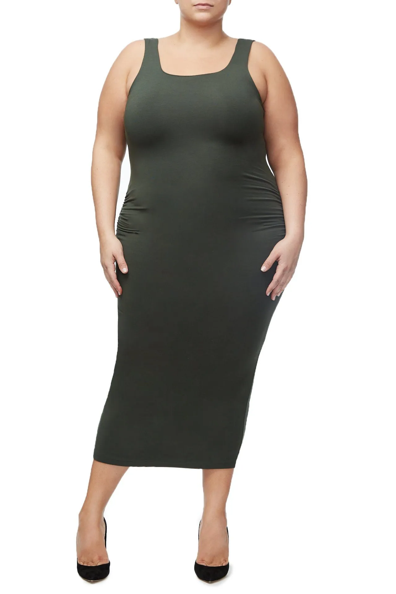 THE RUCHED MIDI DRESS | OLIVE002