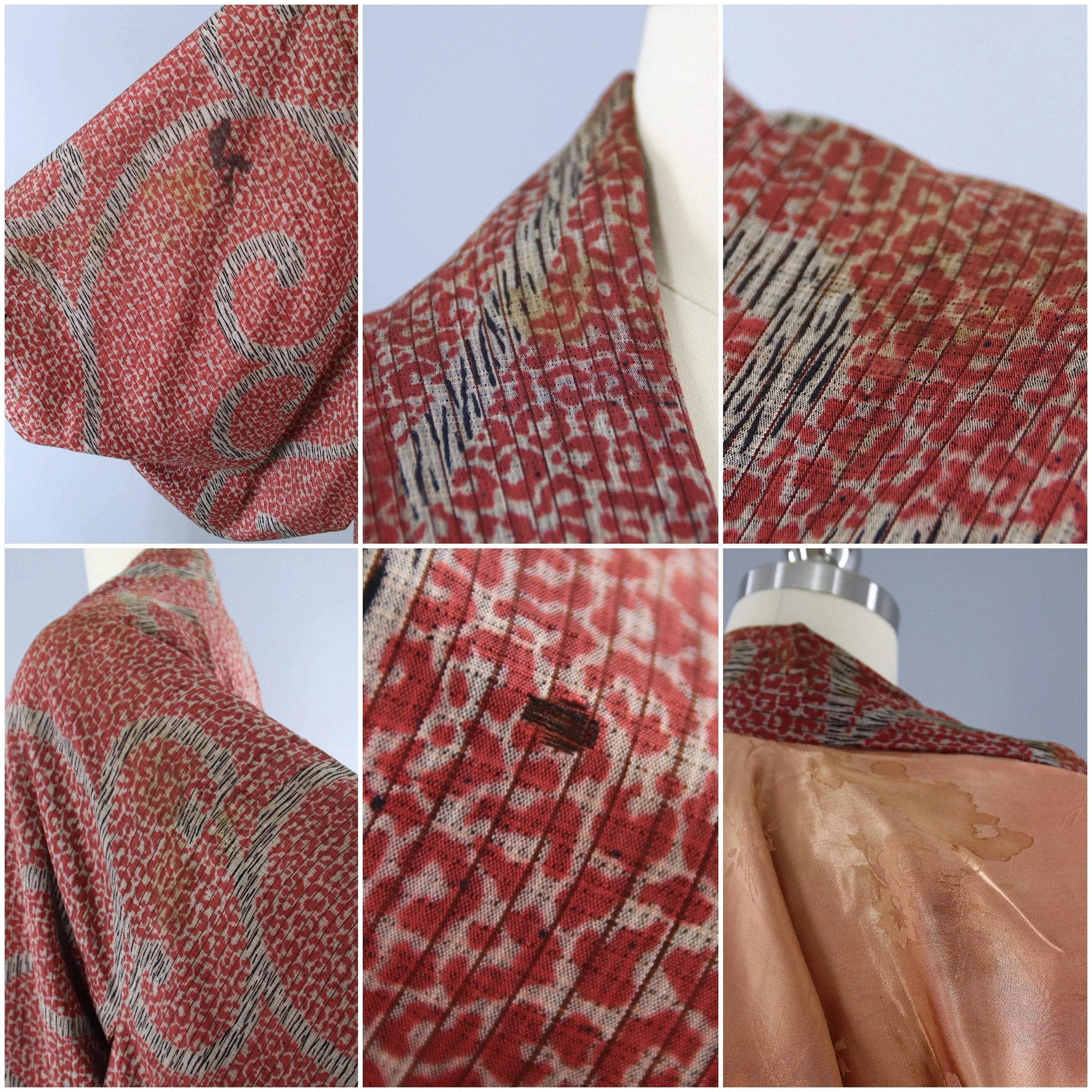 Vintage 1940s Silk Haori Kimono Jacket / Red & Khaki Tan Print