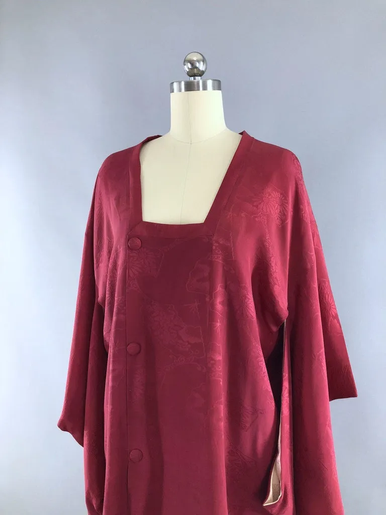 Vintage 1940s Silk Kimono Jacket / Cranberry Red