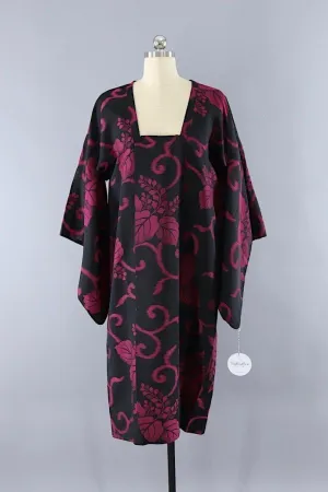 Vintage Black Silk Kimono Coat with Magenta Pink Floral Pattern