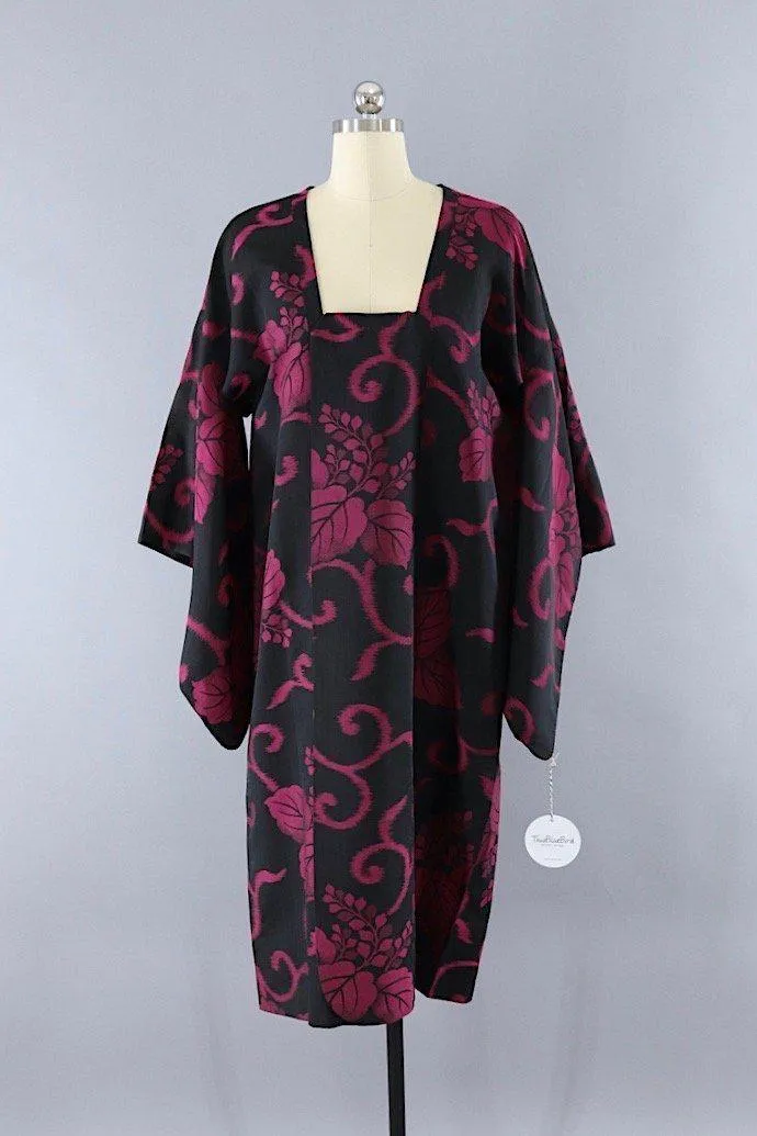 Vintage Black Silk Kimono Coat with Magenta Pink Floral Pattern