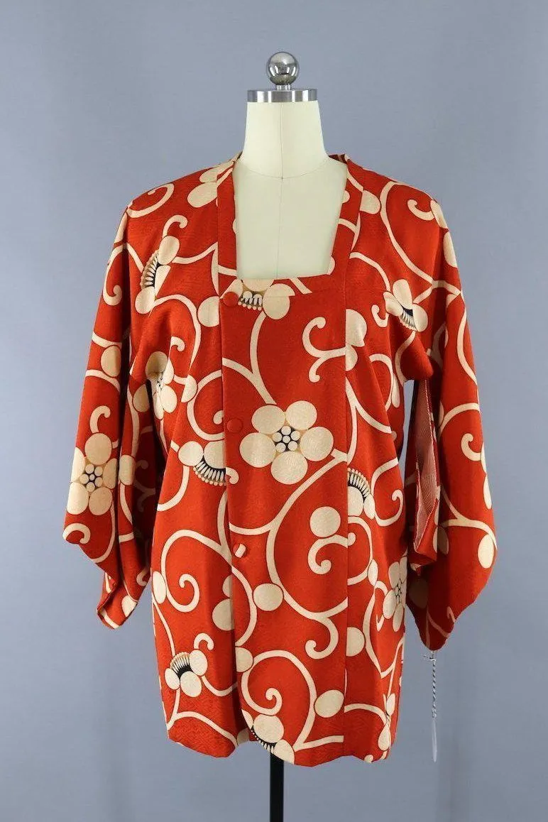 Vintage Silk Kimono Jacket Michiyuki / Orange Floral