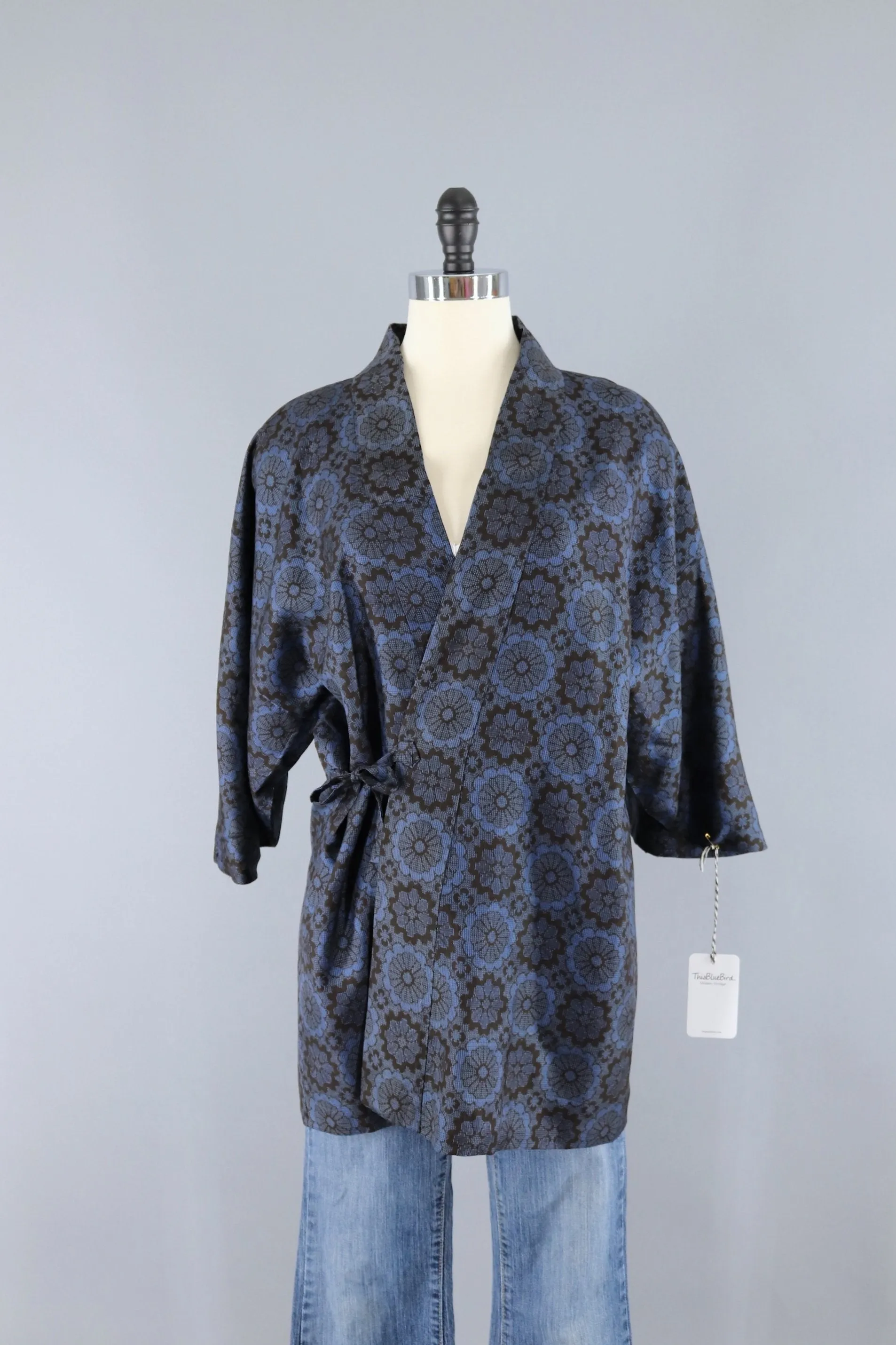 Vintage Silk Kimono Wrap Jacket - Blue and Black Ikat