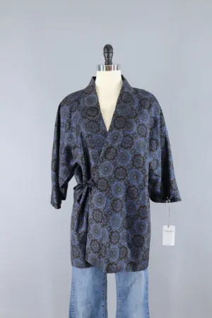 Vintage Silk Kimono Wrap Jacket - Blue and Black Ikat