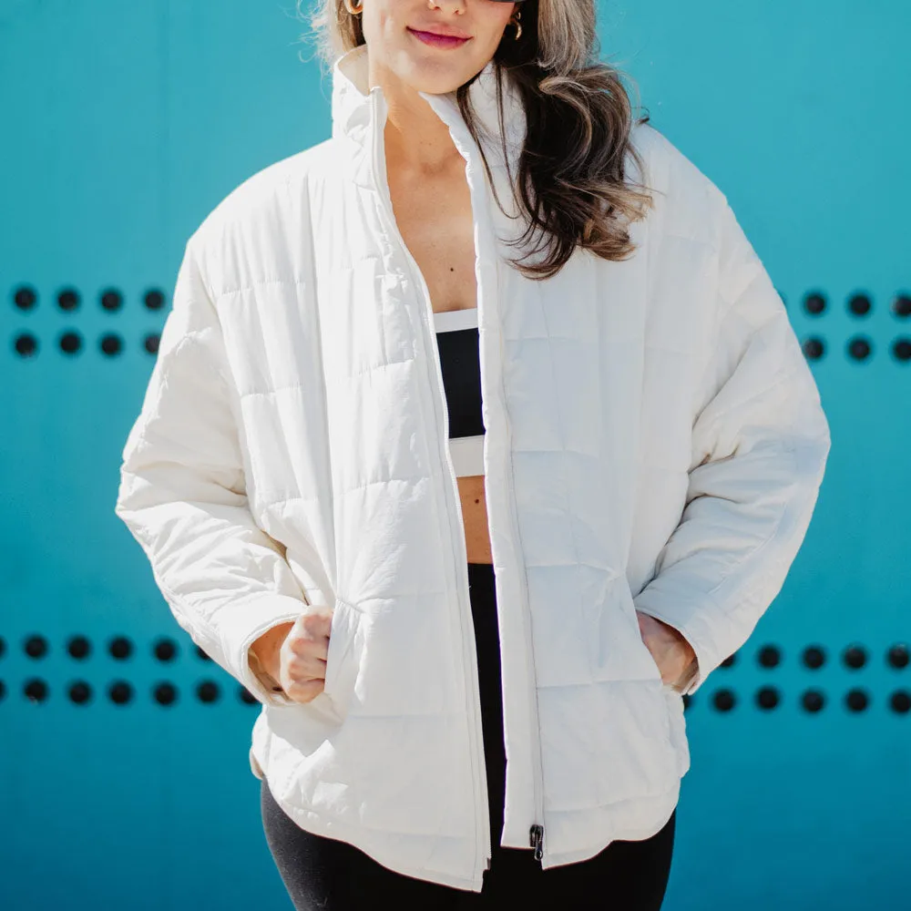 White Lightweight Quilted Squares Wholesale Zipper Jacket