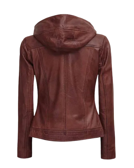 Womens Laney Genuine Brown Leather Hooded Bomber Jacket